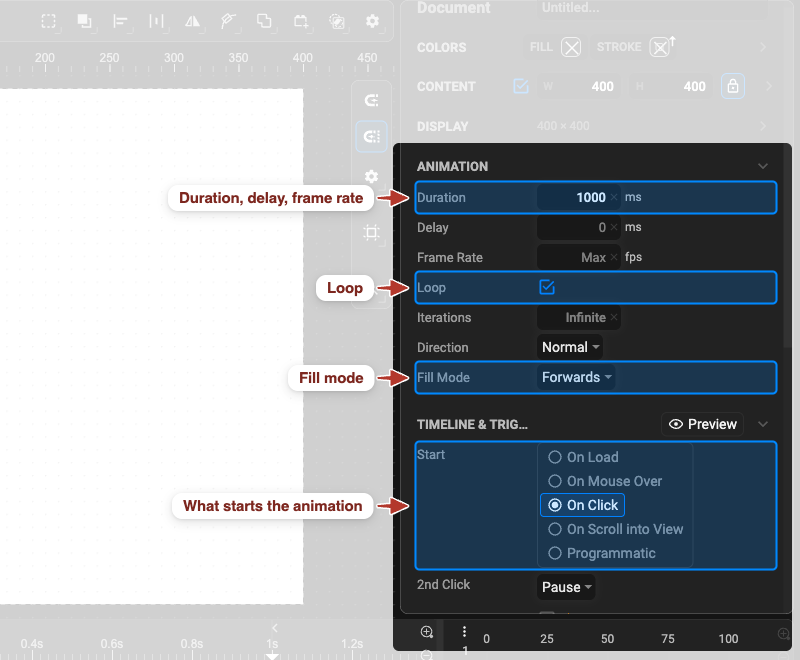 The Animation and Timeline & Trigger sections of the document properties: duration, delay, frame rate, loop, fill mode and the start trigger