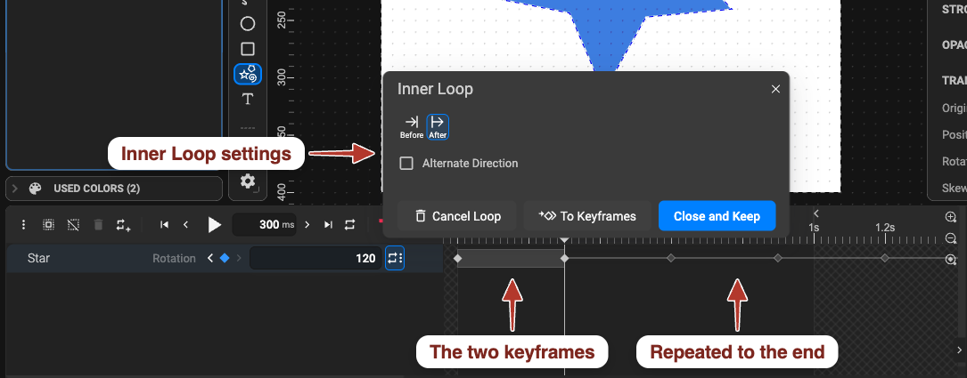 The Inner Loop panel open over the canvas, with the Rotation row below showing the two original keyframes and their repeats continuing to the end of the timeline