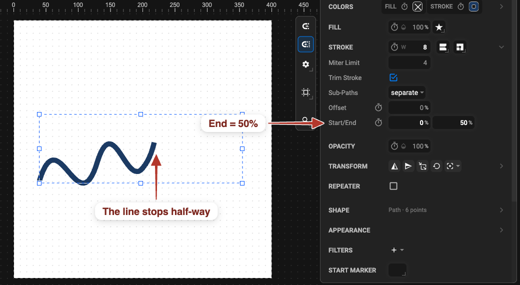 A hand-written-looking curve drawn only half-way, with Trim Stroke ticked and Start/End set to 0 % and 50 % in the Properties panel