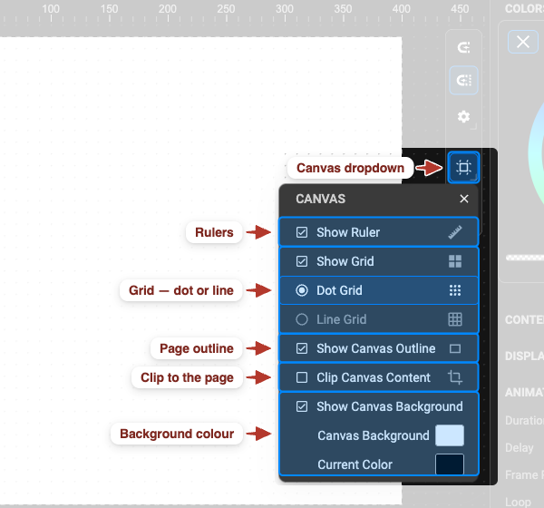 The Canvas dropdown open on the canvas toolbar, with rulers, grid, page outline, clipping and background rows annotated