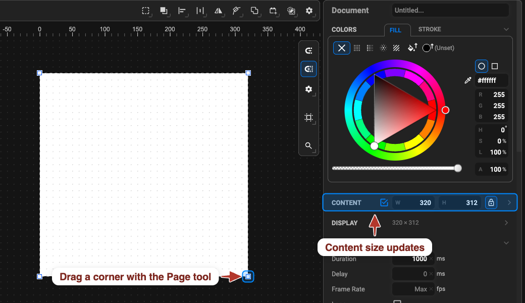 The Page tool: dragging the canvas corner handle while the Content size fields in the Properties panel update