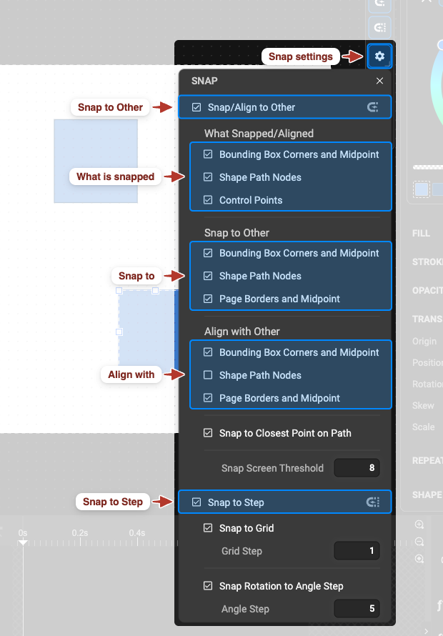 The Snap settings dropdown: Snap to Other with its What is snapped / Snap to / Align with groups, and Snap to Step below