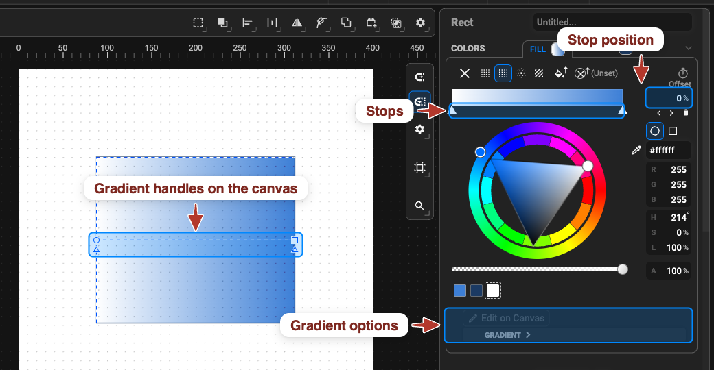 A rectangle with a linear gradient: the gradient handles on the canvas, the stop strip, the stop position field and the gradient options in the panel