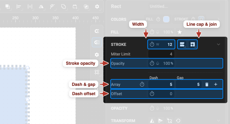 The Stroke section: width, line cap and join, stroke opacity, dash and gap, dash offset