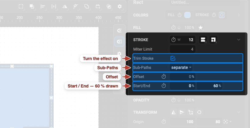 The Trim Stroke controls: the tick box, Sub-Paths, Offset and Start/End