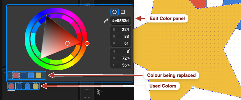 The Used Colors swatches with the Edit Color panel open above them: the colour being replaced is selected in the panel's own row