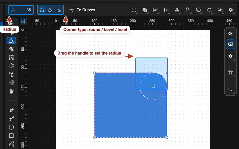 The Round Corner tool: the radius field and corner-type buttons in the toolbar, and the rounded corner with its radius preview on the canvas