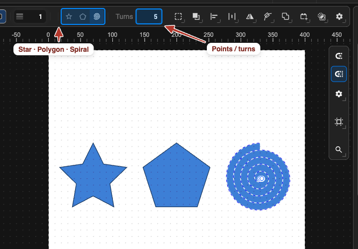 Star, polygon and spiral drawn side by side, with the preset buttons and the points/turns field in the toolbar
