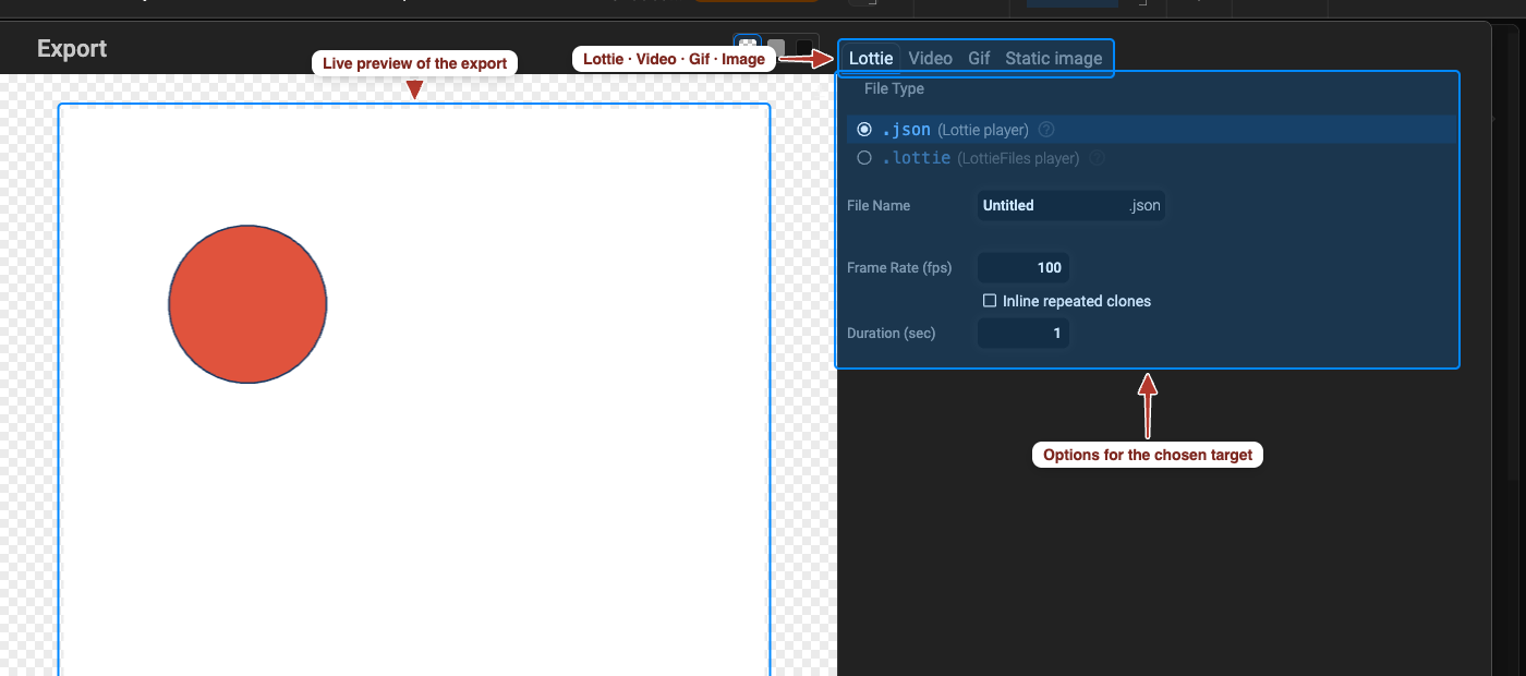 The Export dialog: the live preview on the left, the Lottie / Video / Gif / Static image tabs and the options for the chosen target