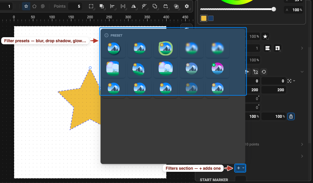 The Filters section with the + button pressed, showing the gallery of filter presets