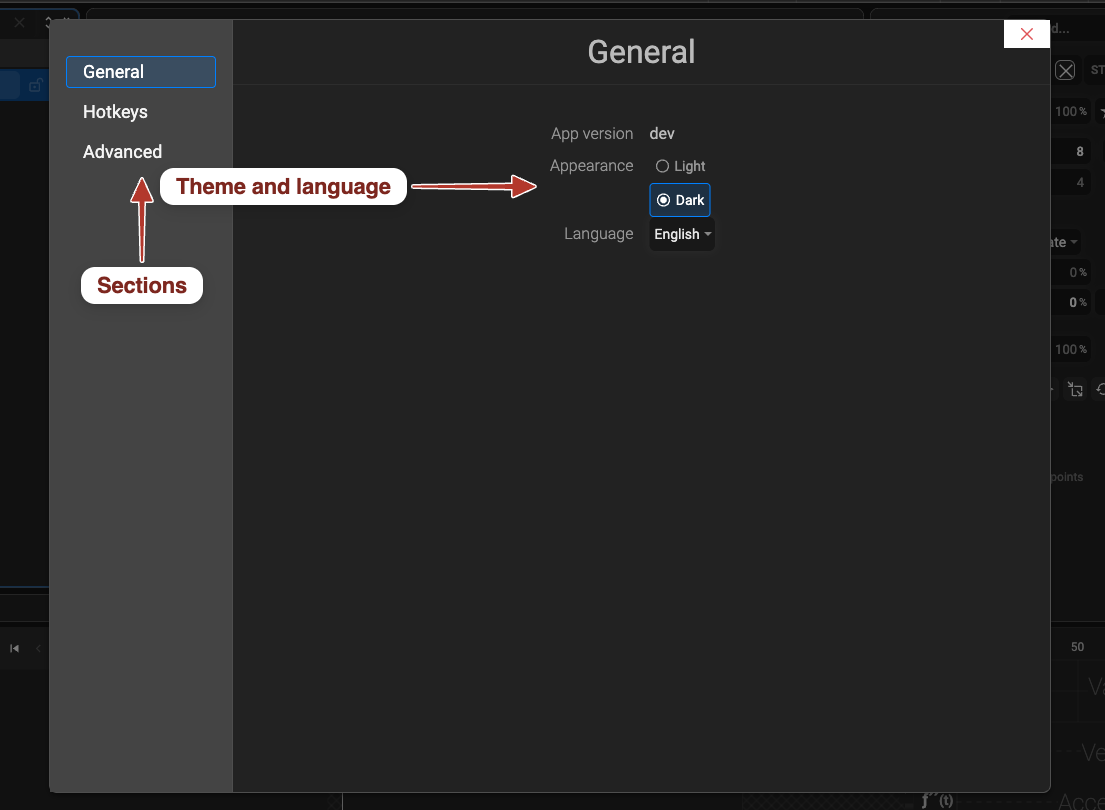 The Preferences dialog on its General section, with the General / Hotkeys / Advanced list on the left and the app version, appearance and language settings on the right