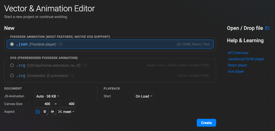 The file type picker on the welcome screen