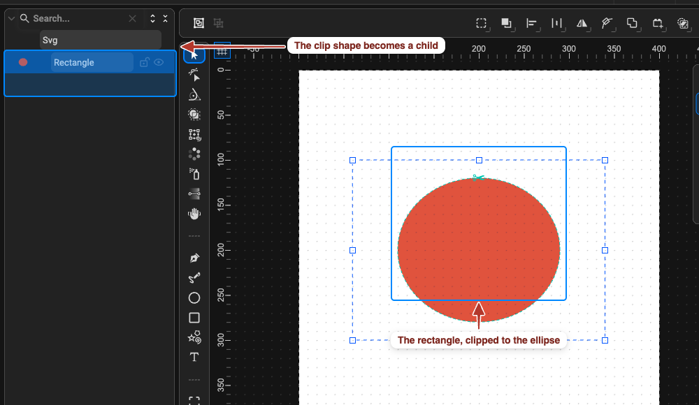 A rectangle clipped to an ellipse, with the clip shape shown nested under it in the Objects panel