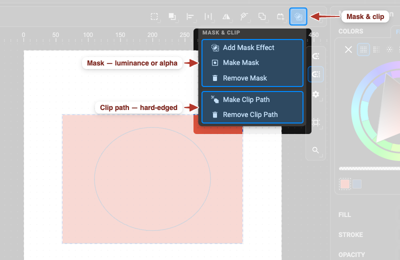 The Mask and Clip menu open over two stacked shapes, showing Add Mask Effect, Make Mask, Remove Mask and the clip-path commands