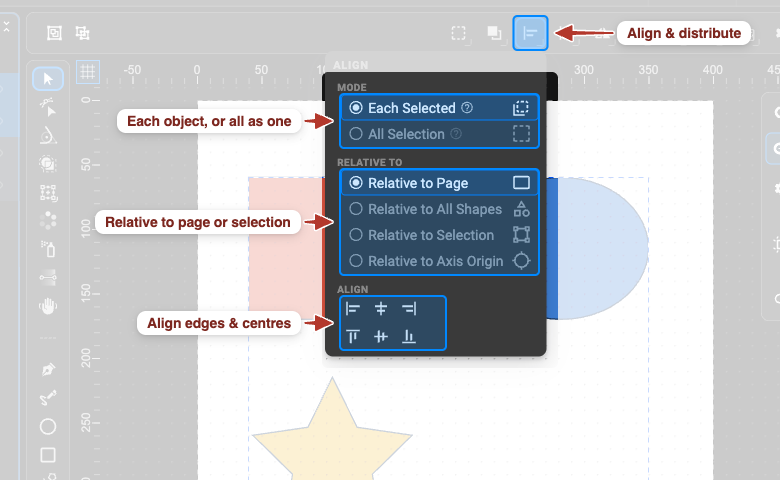 The Align dropdown open with all objects selected: mode, relative-to options and the align buttons