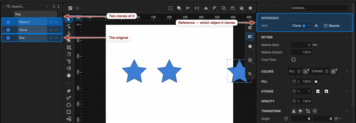 One original star and two clones of it, with the Reference section of the selected clone showing what it points at