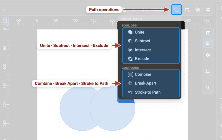 Two overlapping circles selected with the Shape Path menu open, showing Unite, Subtract, Intersect, Exclude and the compound commands