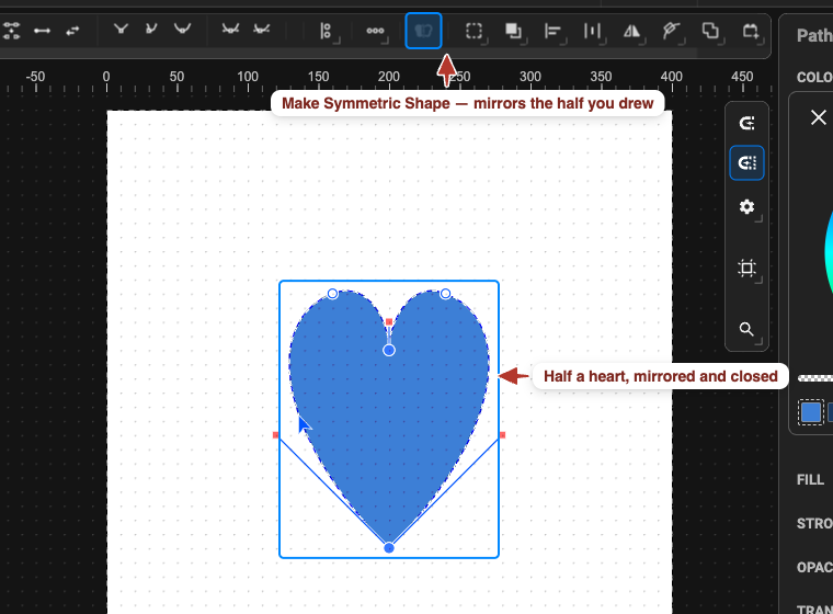 Half a heart drawn as an open path, mirrored and closed into a whole heart by Make Symmetric Shape