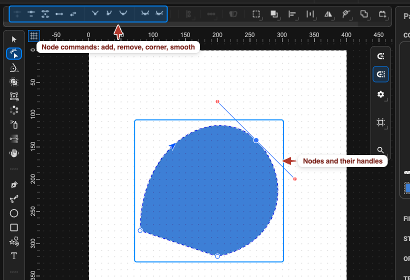 A path in the Node tool with a node selected and its direction handles showing, and the node command bar in the toolbar
