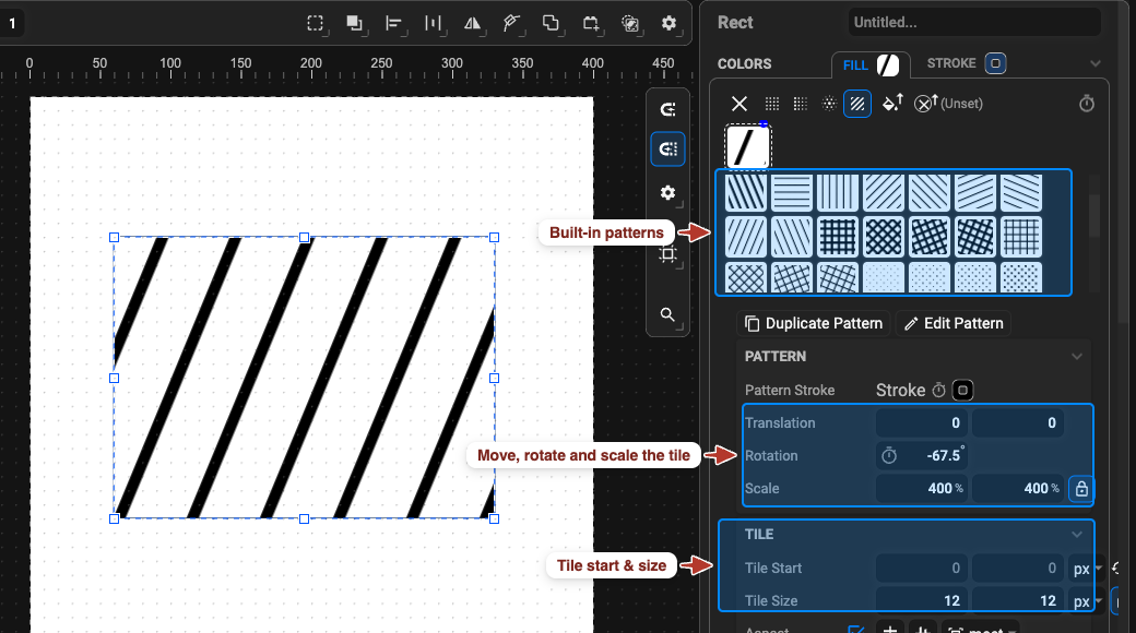 A rectangle filled with a striped pattern, with the pattern library, the tile transform rows and the Tile section annotated
