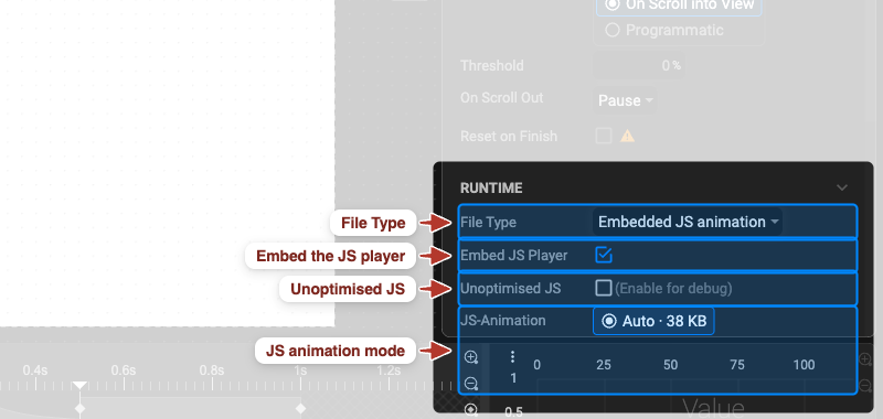 The Runtime section of the document properties: File Type, Embed JS Player, Unoptimised JS and the JS-Animation mode