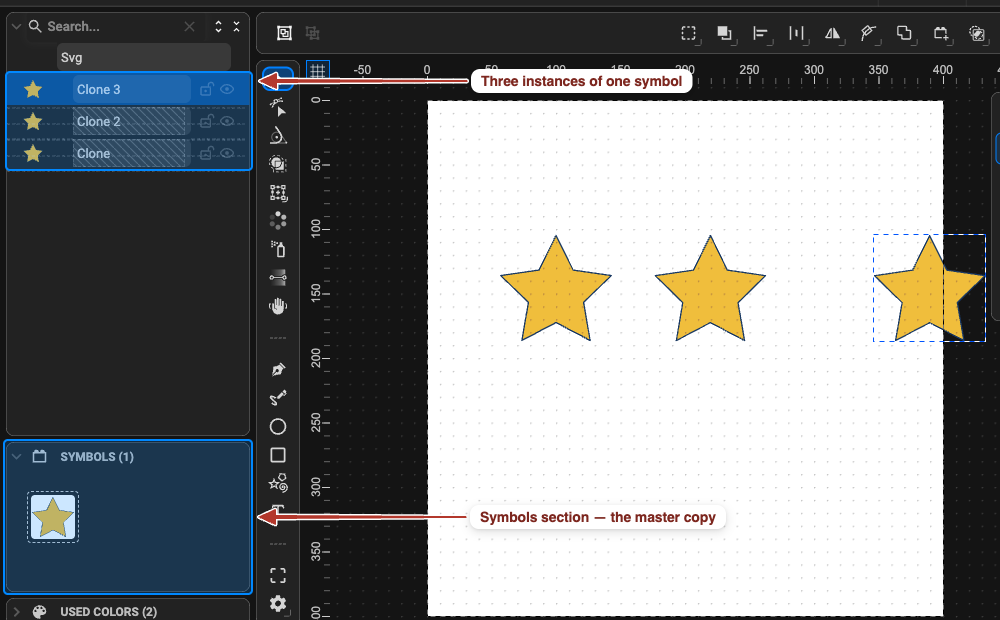 Three instances of one star symbol on the canvas, with the Symbols section of the Objects panel showing the master copy