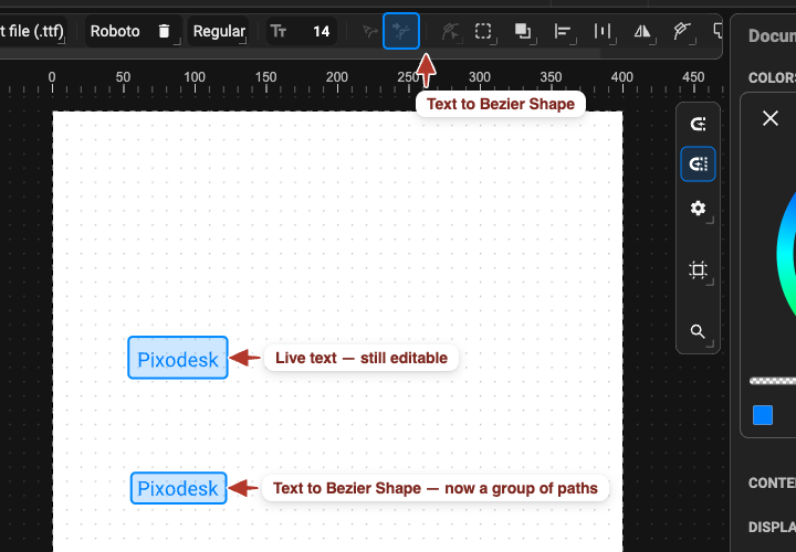 The same word twice: live editable text above, and the same word converted to a group of outline paths below