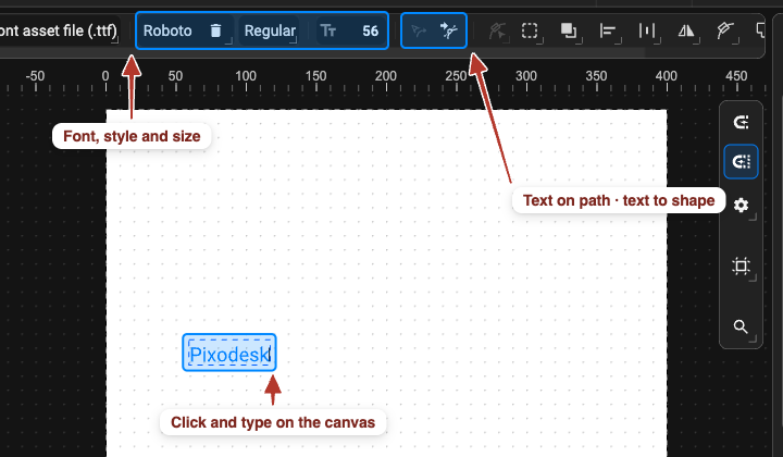 Typing a text object on the canvas, with the font family, style and size controls in the toolbar