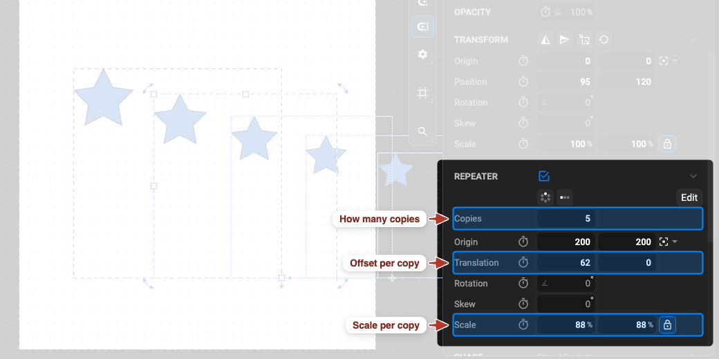 A star repeated five times by the Repeater, each copy offset and slightly smaller, with the Repeater section annotated