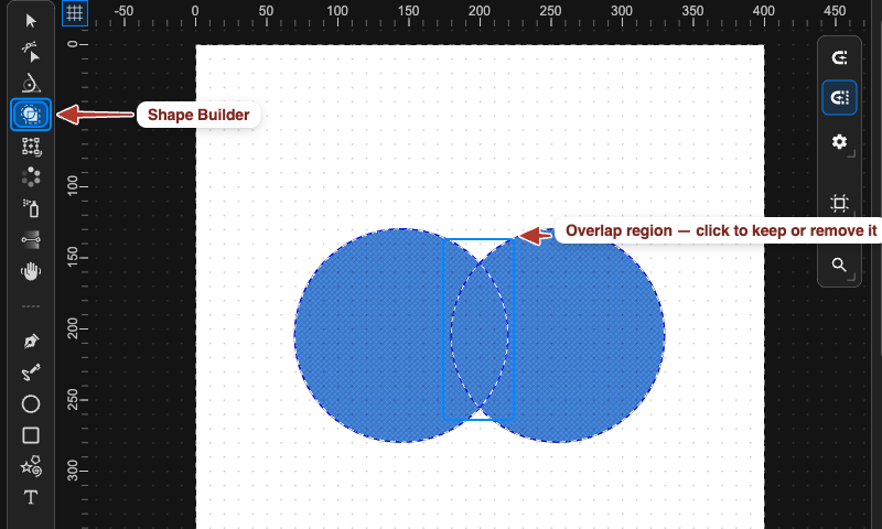 Two overlapping circles in the Shape Builder tool, with the lens-shaped overlap region outlined