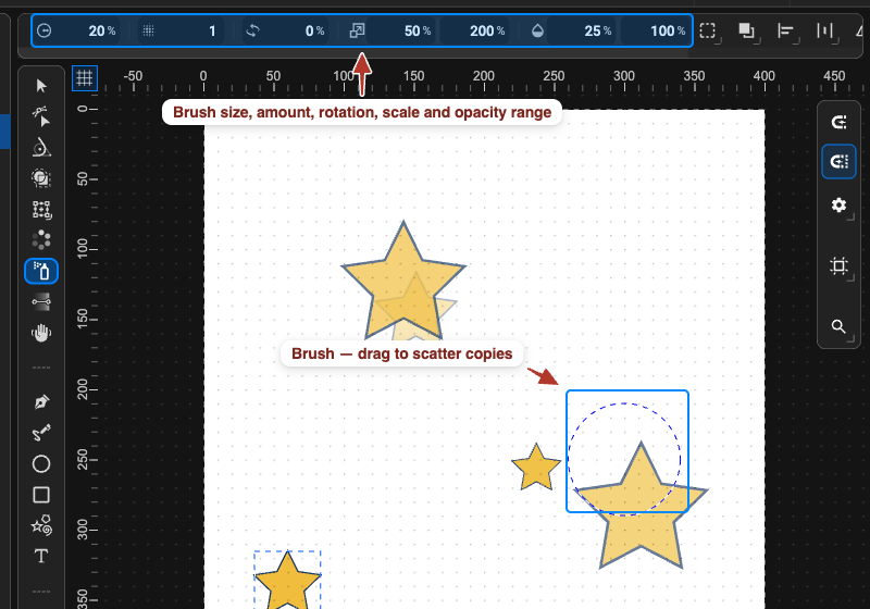 Stars scattered by the Spray tool at varying size and opacity, with the brush circle and the spray options in the toolbar