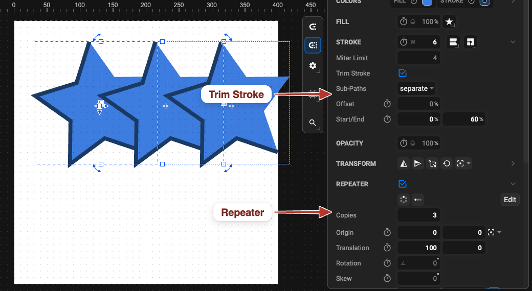 A star with Trim Stroke and the Repeater applied: three copies on the canvas, each outline drawn only part-way round, with both effect sections open in the Properties panel