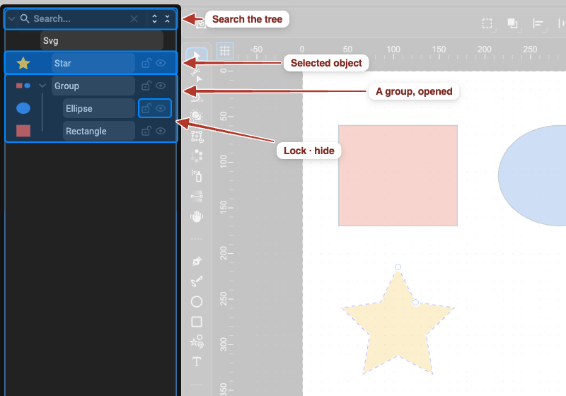 The Object Tree with one rectangle under the Svg root