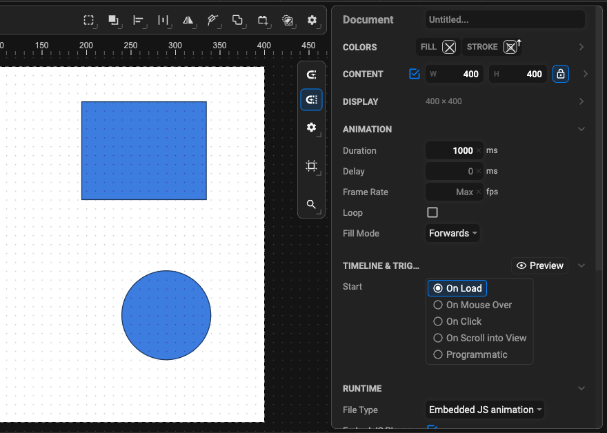 The Properties panel showing the document properties (nothing selected)