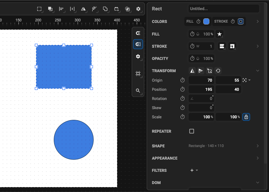The Properties panel for a selected rectangle: Colors, Fill, Stroke, Opacity, Transform…