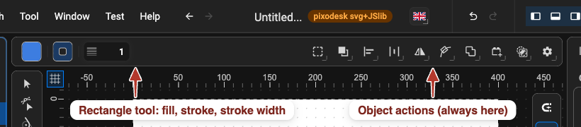 The Toolbar with the Rectangle tool active: fill, stroke, stroke width, then the object actions