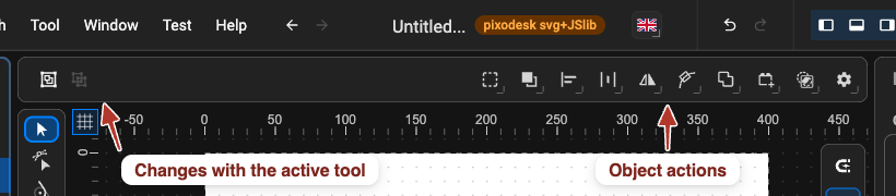 The Toolbar with the Selection tool active: tool-specific buttons on the left, object actions on the right