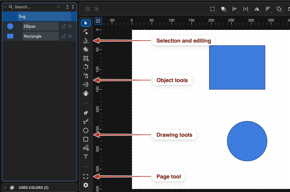 The Tools panel, with its four groups labelled: selection and editing, object tools, drawing tools, page tool